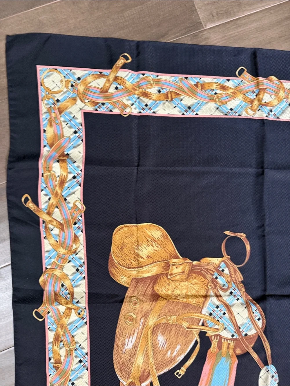 Vintage Italian 100% Silk Equestrian Print Scarf – Black & Gold